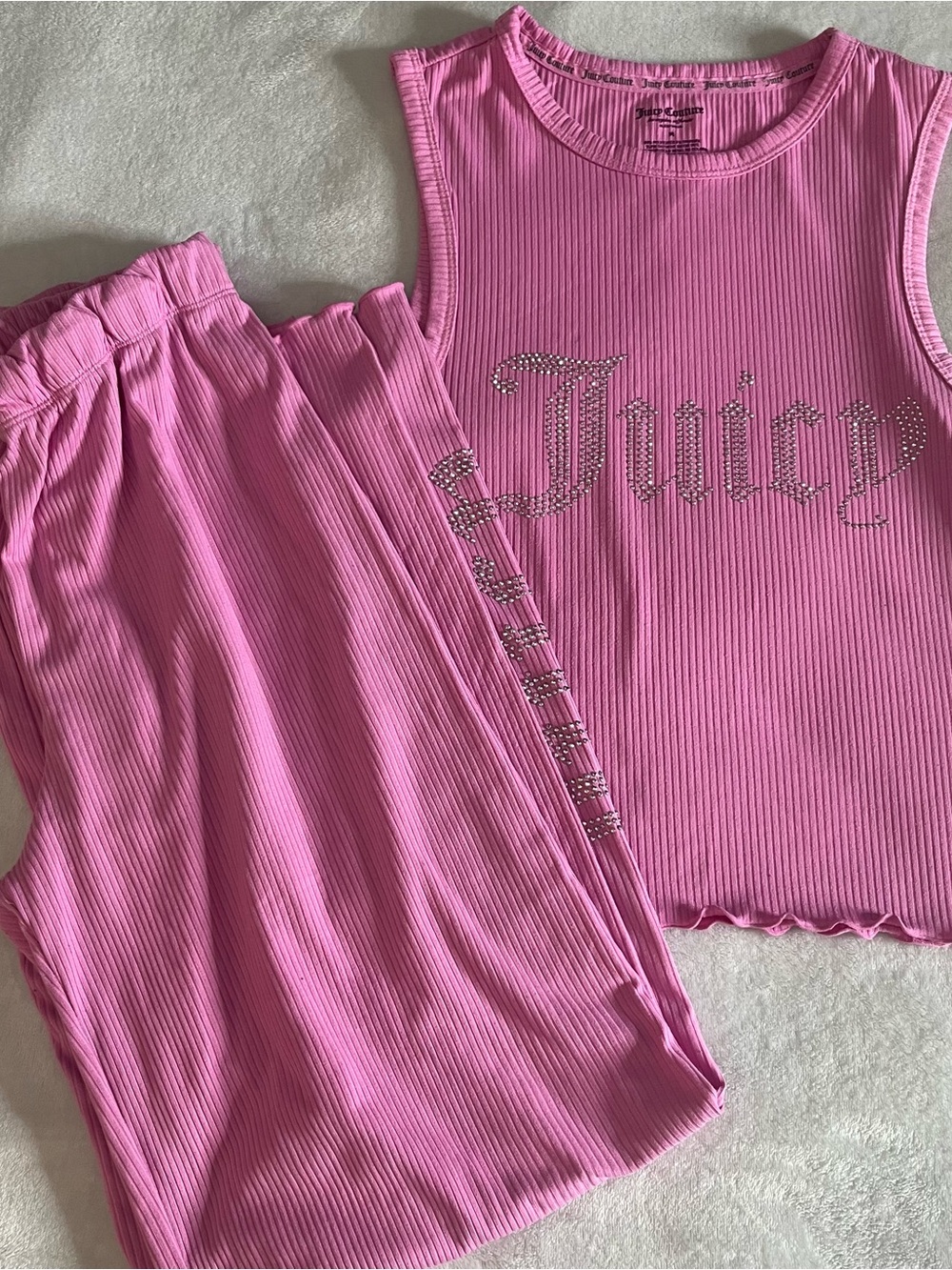 Juicy Couture Women’s Pink Ribbed Rhinestone Logo Pajama Loungewear Set Sz M
